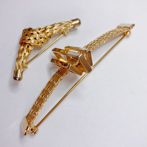 VTG Set of 2 Brooches 50s 60s Gold Tone Mesh Knot & Bar Mid Century Sculptural - Picture 11 of 12
